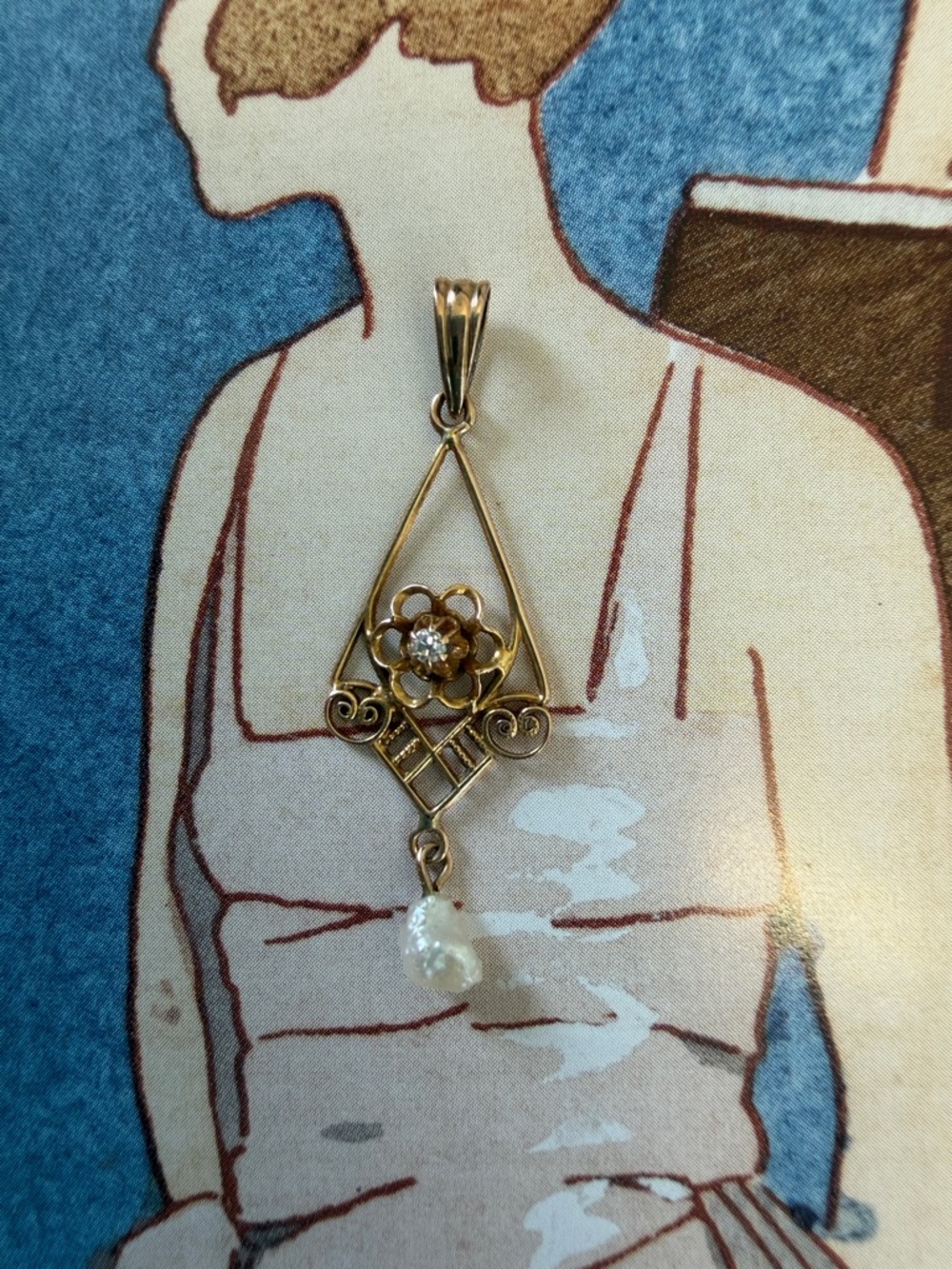 10K Yellow Gold Victorian Floral Diamond & Pearl Drop Lavaliere Necklace Pendant